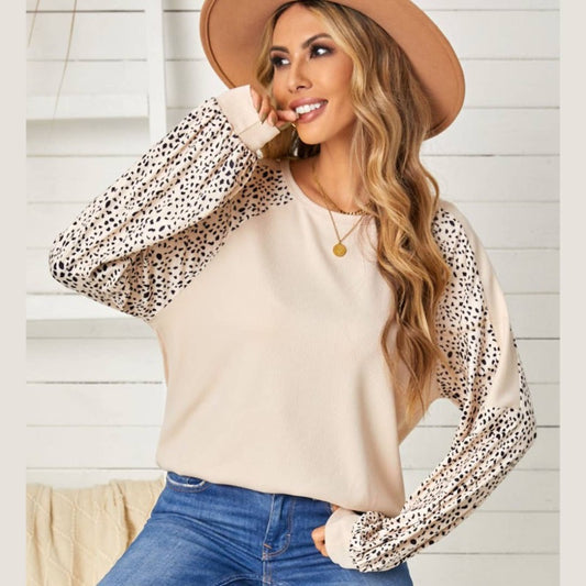 Khaki Leopard Bubble Sleeve Top