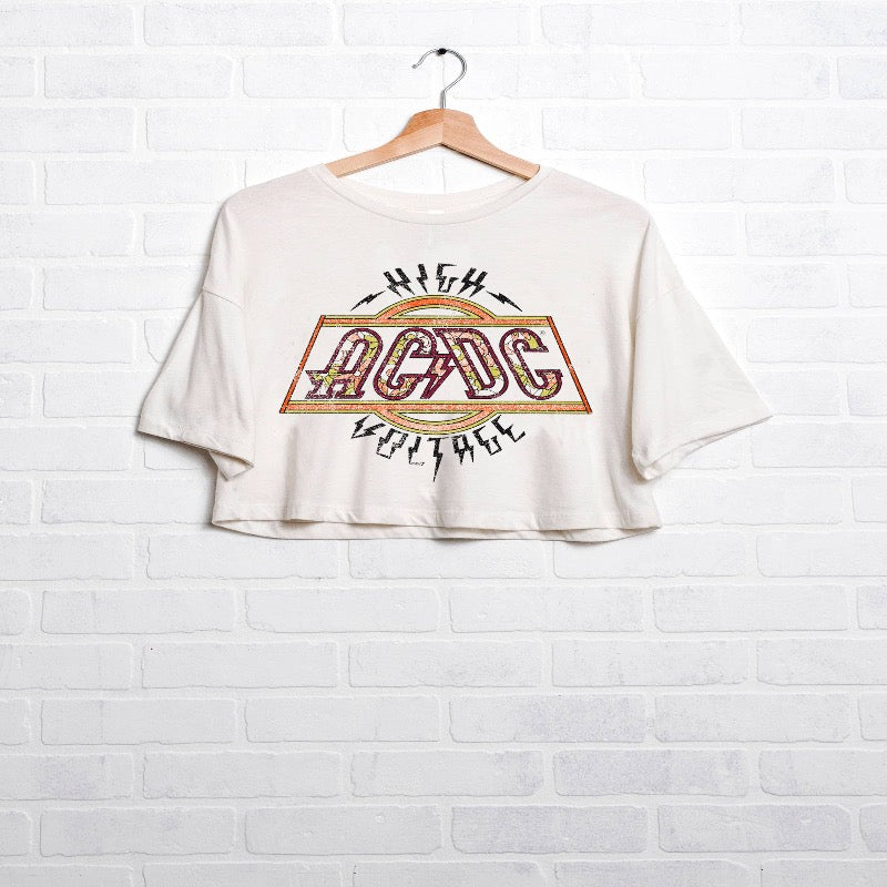 LivyLu - ACDC High Voltage Flower Off White Cropped Graphic Tee