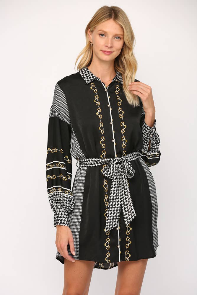 FATE - CHAIN AND HOUNDSTOOTH PRINT TIE WAIST SHIRT DRESS