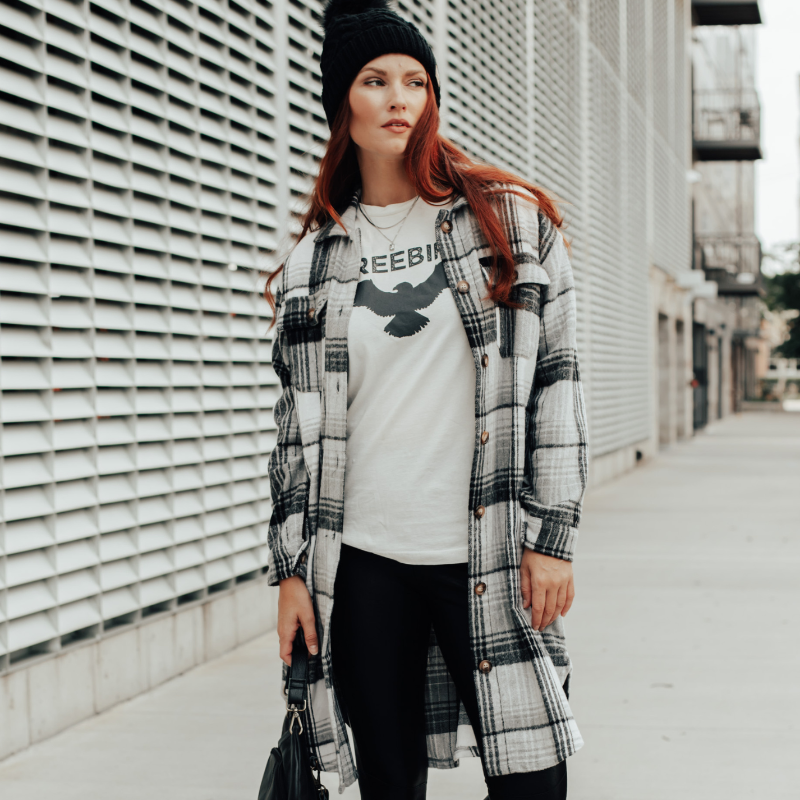 Grey, Black & White Plaid Long Flannel