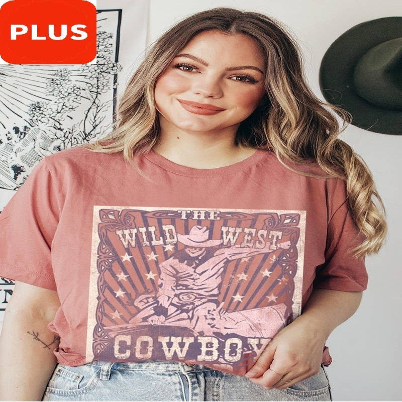 Curvy WILD WEST COWBOY CLUB Graphic Print Women Top