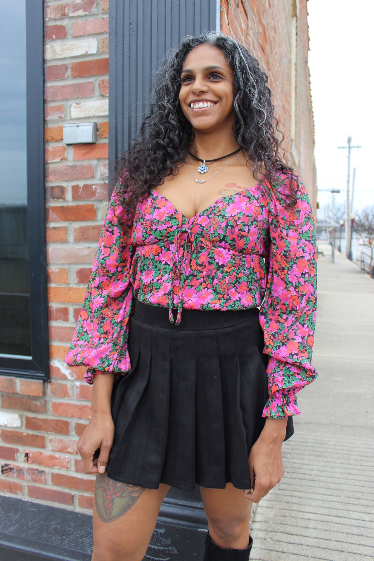 The Theresa Floral Peasant Blouse Magenta Multi