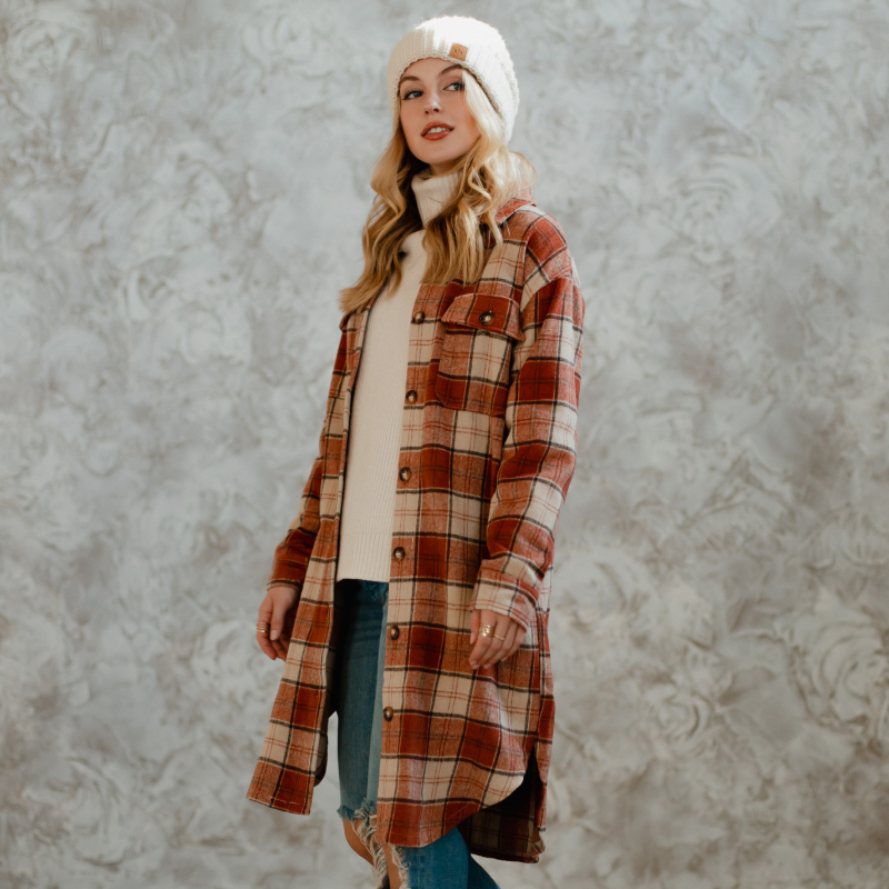 Rust, Cream & Brown Plaid Long Flannel