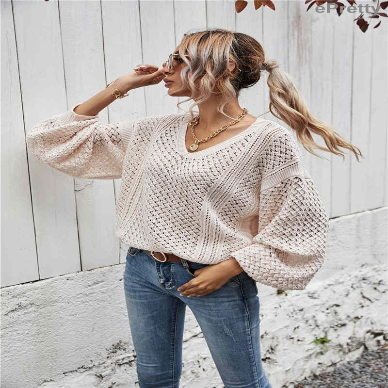 Open Knit Slouchy V-Neck Sweater