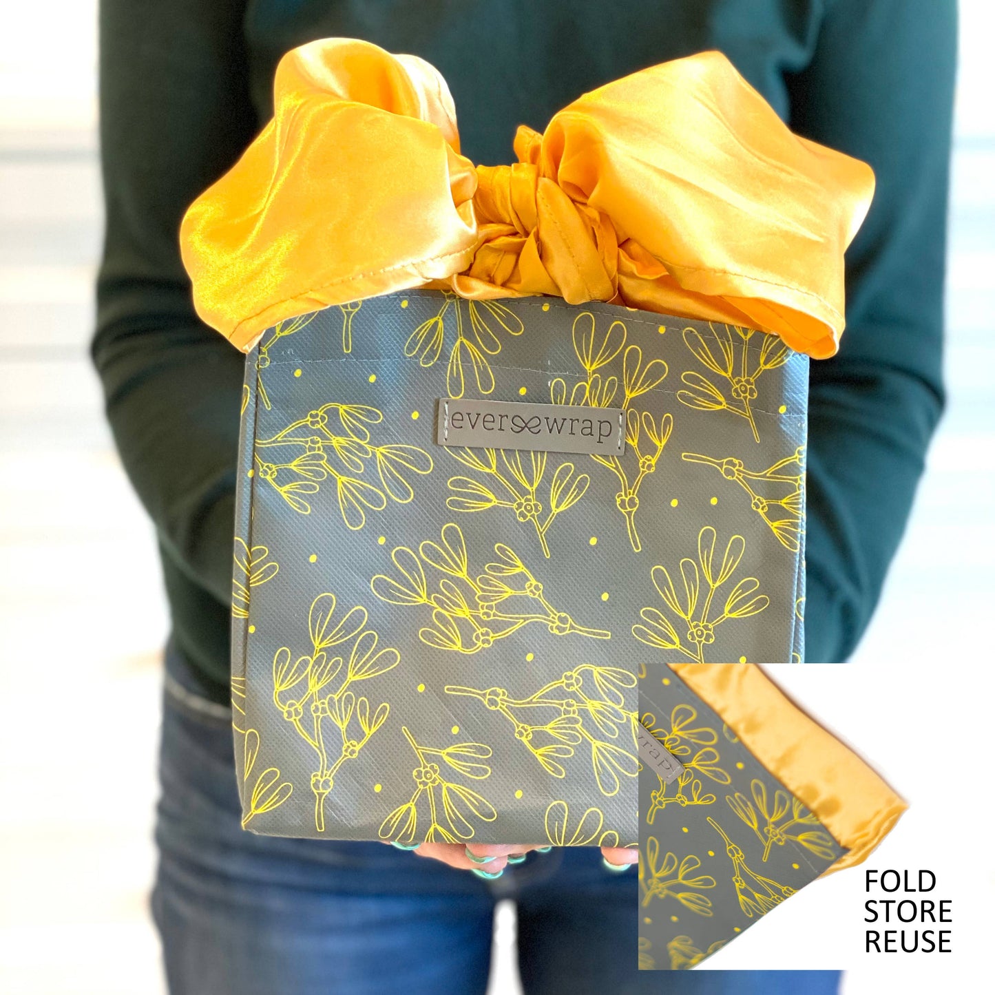 EverWrap - Grey And Gold Floral Print Small Reusable Gift Bag